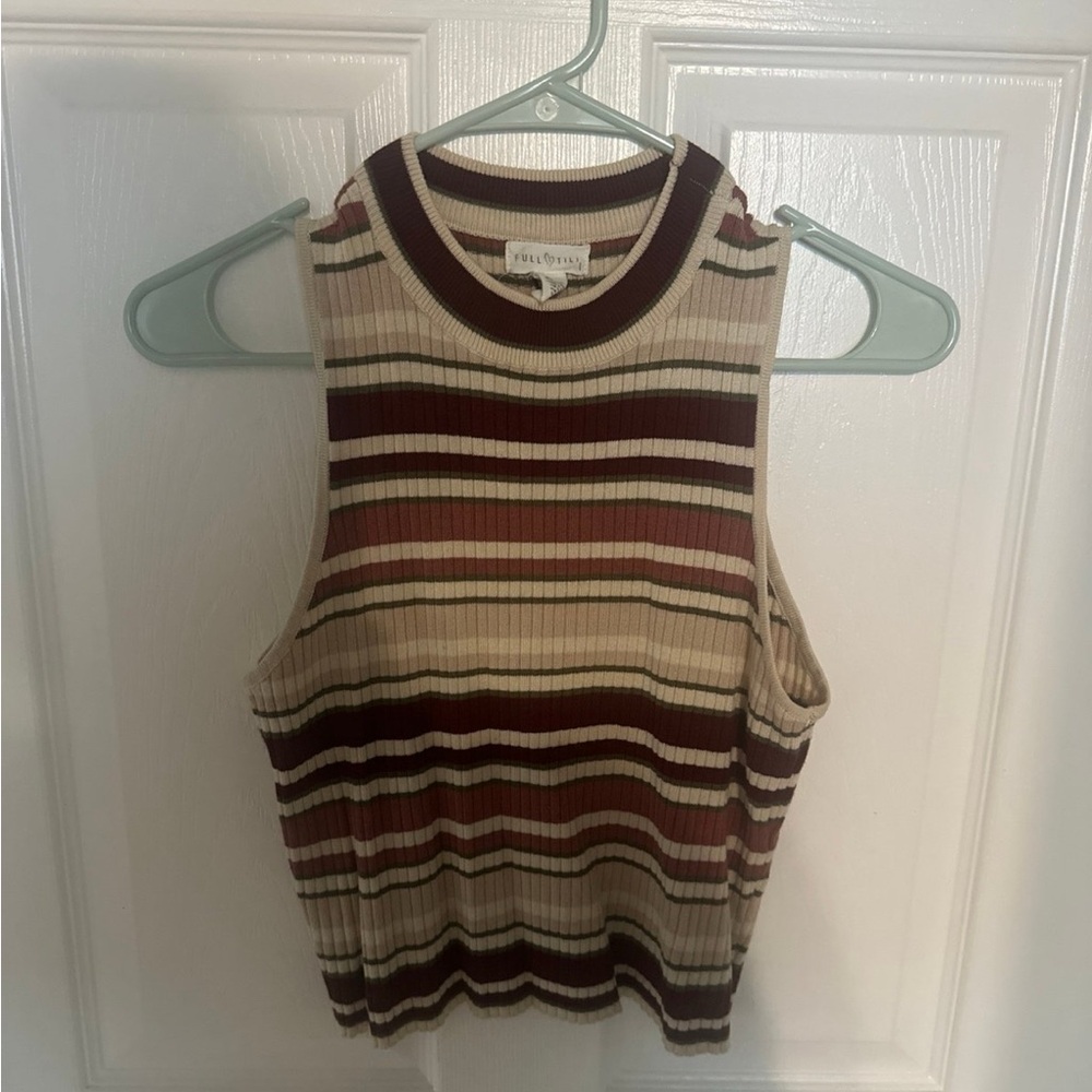 Free People Ribbed Striped Tank Top - Cream and Brown